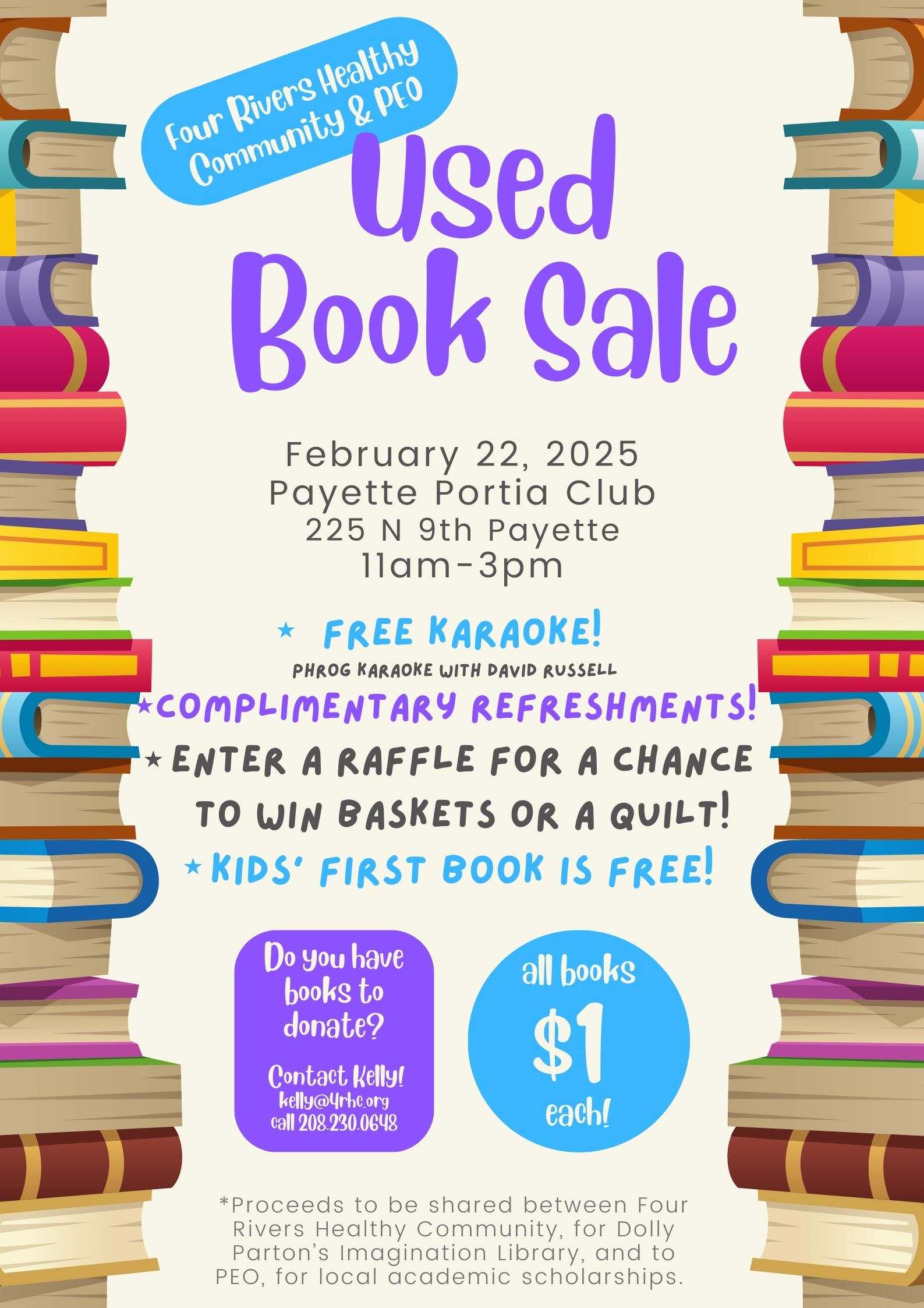 2025 Used Book Sale flyer for Four Rivers Healthy Community and PEO, Payette Portia Club
